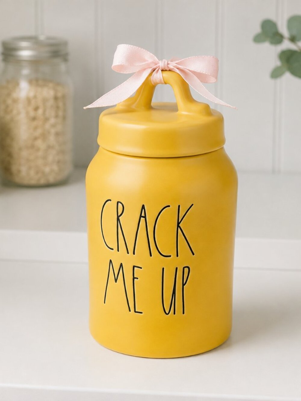 Rae Dunn Crack Me Up Yellow Ceramic Canister 8.5 Inch Easter NWT